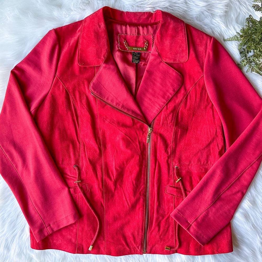 IMAN Red Suede Leather Knit Moto Jacket Women's Blazer Gold HSN XL